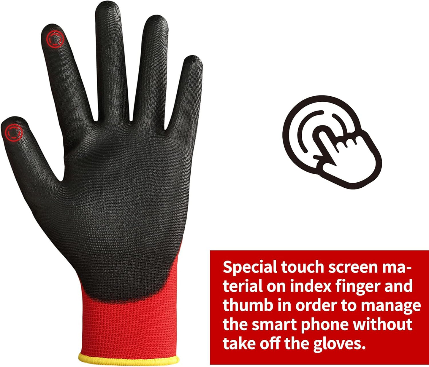 DULFINE Safety Work Gloves PU Coated-12 Pairs,Red Seamless Knit Glove with Polyurethane Coated Smooth Grip on Palm & Fingers, for Men and Women, Ideal for General Duty Work (Large)