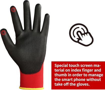 DULFINE Safety Work Gloves PU Coated-12 Pairs,Red Seamless Knit Glove with Polyurethane Coated Smooth Grip on Palm & Fingers, for Men and Women, Ideal for General Duty Work (Large)
