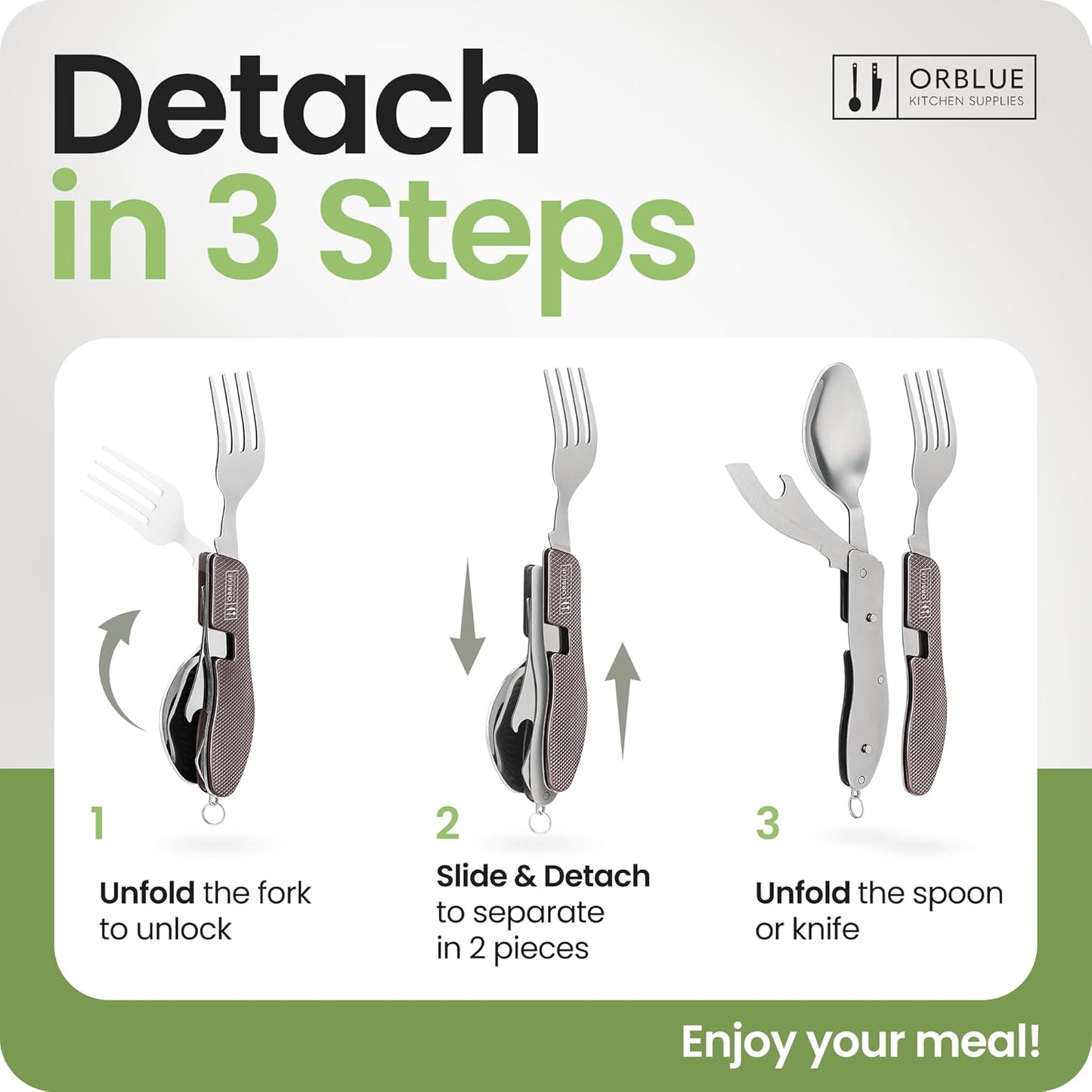 Orblue 4-in-1 Camping Utensils, 1-Pack, Portable Stainless Steel Spoon, Fork, Knife & Bottle Opener Combo Set - Travel, Backpacking Cutlery Multitool Olive Green