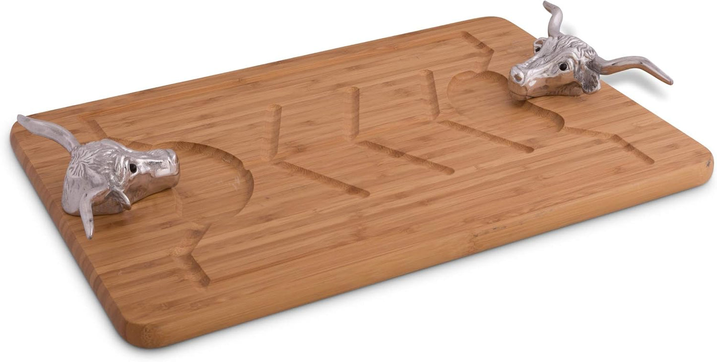 Arthur Court Designs Aluminum Longhorn Handle Bamboo Wood Carving/Cheese Board Large Tray for Serving Meats or Appetizer 20 inch x 13 inch