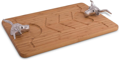 Arthur Court Designs Aluminum Longhorn Handle Bamboo Wood Carving/Cheese Board Large Tray for Serving Meats or Appetizer 20 inch x 13 inch
