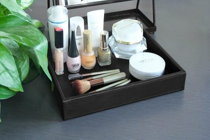 HofferRuffer Faux Leather Vanity Tray, Elegant Desktop Storage Organizer, Decorative Catchall for Perfume, Bathroom Valet, Nightstand or Dresser, 10.2 x 8.4 x 1.8 inches (Grey Stripe)