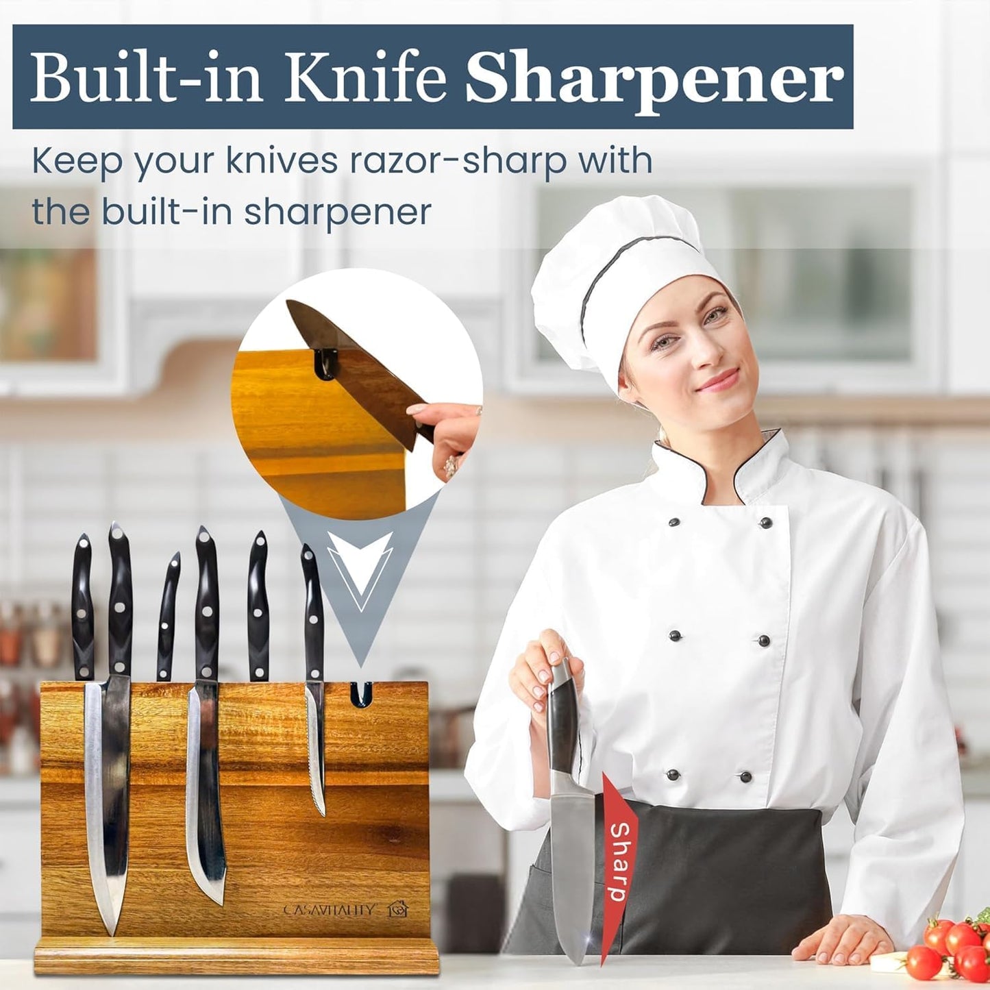 Acacia Wood Magnetic Knife Holder 14x10" – Double-Sided Knife Holder with Strong Magnet & Built-In Sharpener – Space-Saving Magnetic Knife Block Gift for Home Kitchens & Cooking Lovers