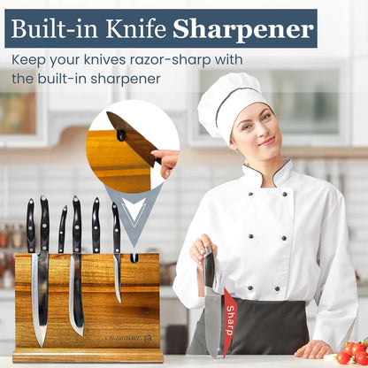 Acacia Wood Magnetic Knife Holder 14x10" – Double-Sided Knife Holder with Strong Magnet & Built-In Sharpener – Space-Saving Magnetic Knife Block Gift for Home Kitchens & Cooking Lovers