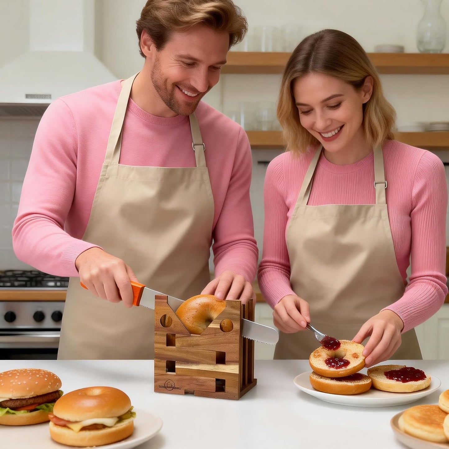 Adjustable Size Bagel Slicer For Small And Large Bagels, Acacia Wood Bagel Slicer Holder For Slicing Bagel Burger Buns English Muffins Biter Guillotine Slicer For Home Coffee Shop (No Knife)