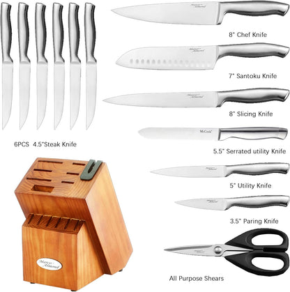 Marco Almond® Knife Block Set, KYA26 Knife Set with Block, 14 Pieces Stainless Steel Chef Kitchen Knives with Built-in Sharpener