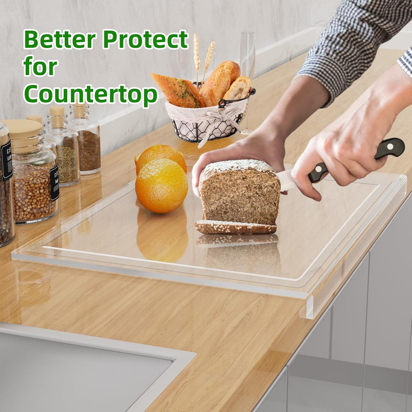 SWSKR Acrylic Cutting Board with Counter Lip,17.5"x13.5" Clear Cutting Board for Kitchen Countertop,Non-Slip,60% Thicker,Perfect for Bread,Meat,Veggies & More,Great Kitchen Essential Gadgets & Decor