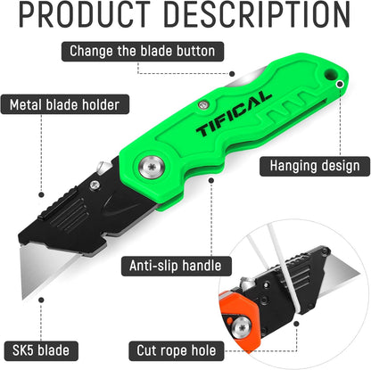 4 Pack Box Cutter Folding Utility Knife, Extra 10 Blades Included, Quick Change Blades, Lock-Back Design, Box Cutters for Carton, Cardboard, Boxes, Razor Knife Box Opener