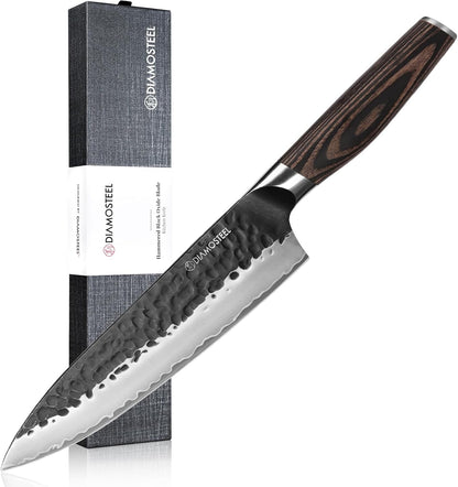 Santoku Knife - 7-Inch Professional Kitchen Knife - Hammered Black Oxide Blade Japanese 9CR18MOV High Carbon Stainless Steel Sharp Chef Knife - Ergonomic Pakkawood Handle with Present Box