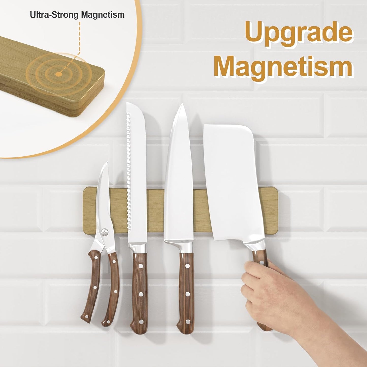 Magnetic Knife Holder for Wall, 16" Acacia Wood No Drill Knife Magnet Strip Use as Tool Key Storage Knife Bar, Powerful Wall Mounted Magnetic Knife Rack for Refrigerator & Kitchen Utensil Organizer