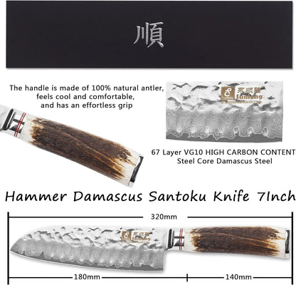 SUNLONG Usuba & Nakiri Knife 6.5 inch Fruit and Vegetable Knife Japanese Hammered Damascus Steel Super sharp - Natural Deer Horn Handle