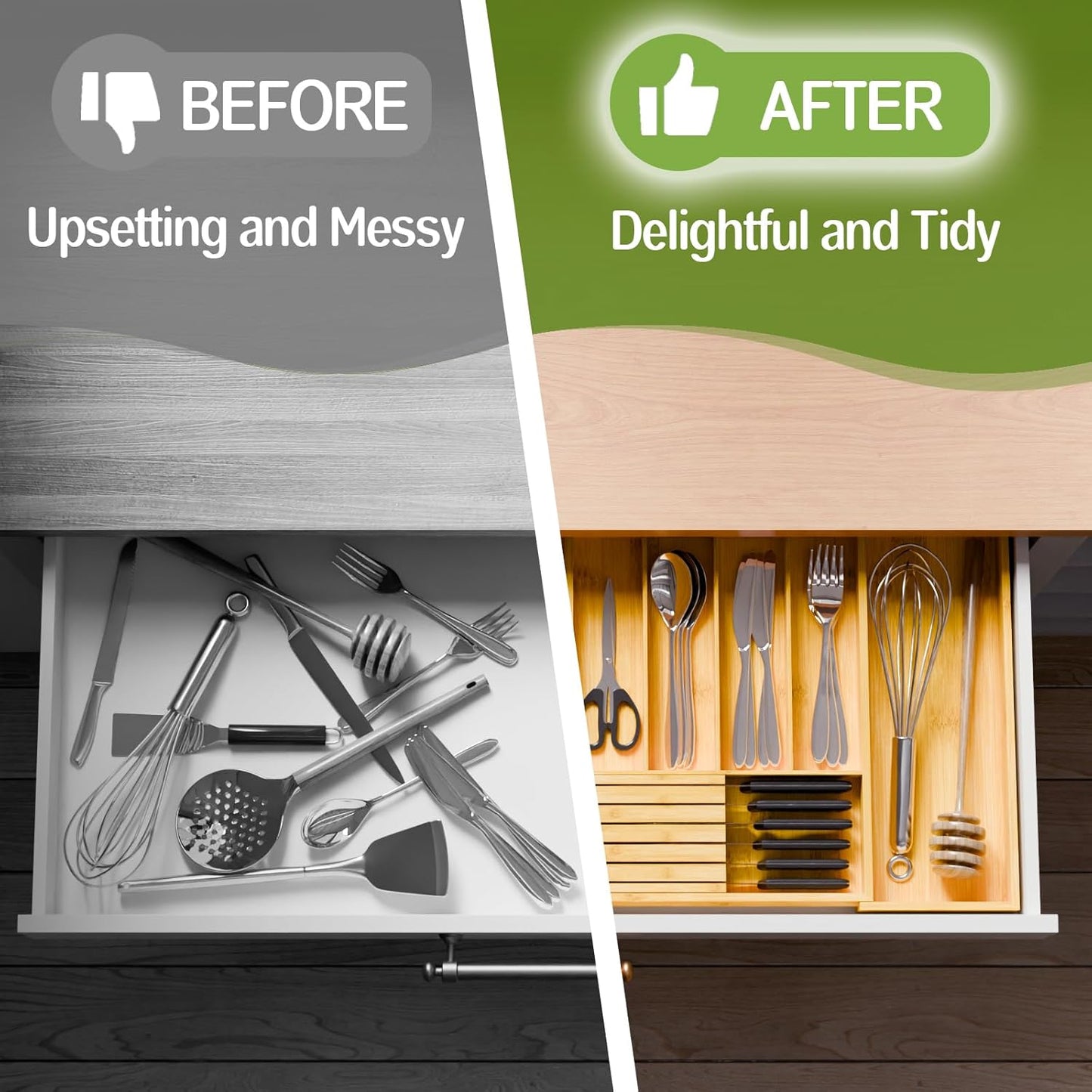 Bamboo Kitchen Silverware Drawer Organizer - Expandable Wood Utensil Holder with Dividers, Luxury Cutlery Storage Tray for Kitchen Utensil and Flatware (5-7 Slots with Removable Knife Block, (White)