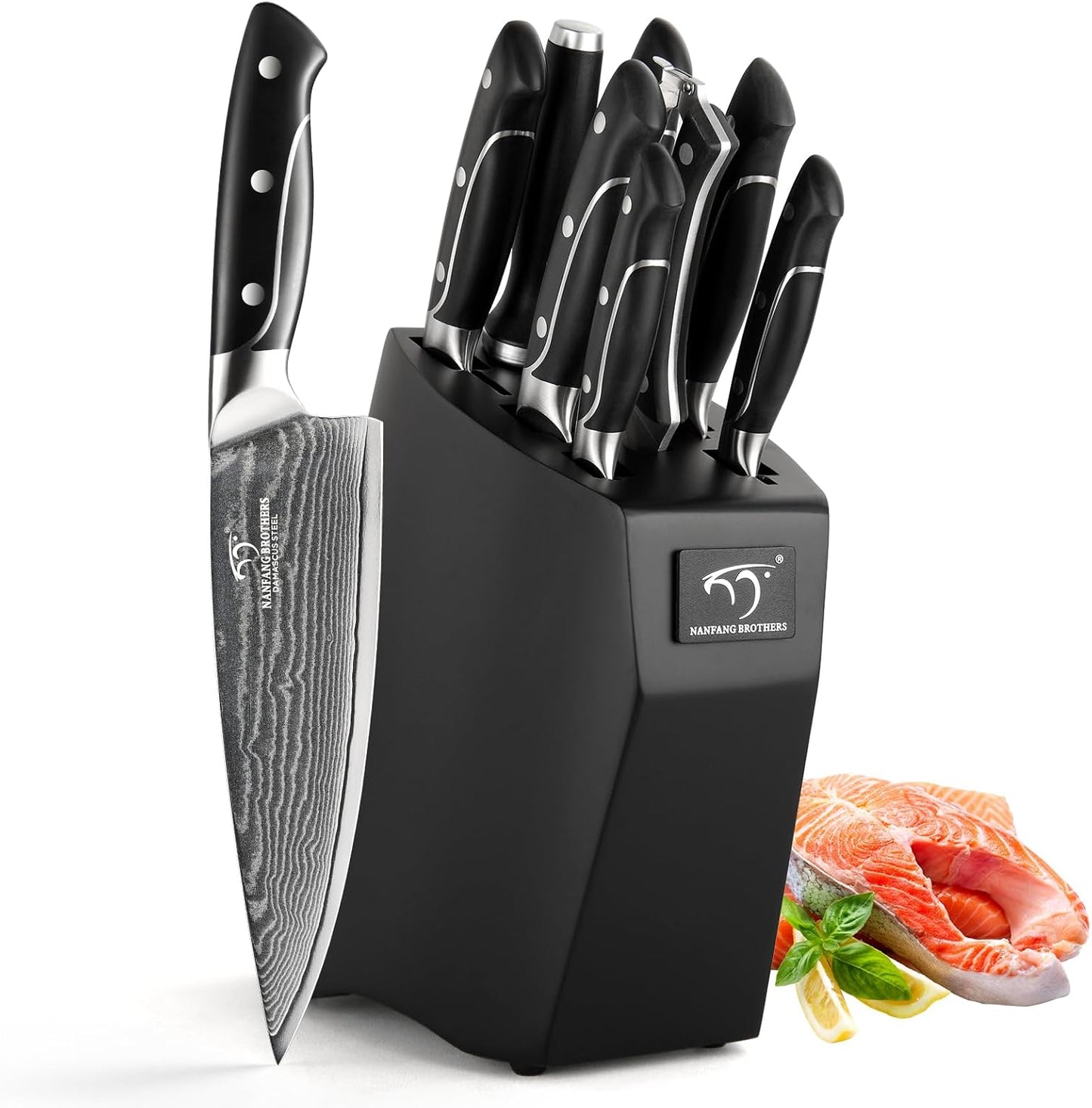 18 Pieces Damascus Kitchen Knife Set, 8 Piece Steak Knives, Non-slip ABS Ergonomic Triple Rivet Handle for Meat Fork, Knife Sharpener and Shears, 17 Slots Fraxinus Manchuria Knife Block (Grey)
