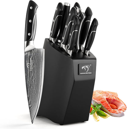 18 Pieces Damascus Kitchen Knife Set, 8 Piece Steak Knives, Non-slip ABS Ergonomic Triple Rivet Handle for Meat Fork, Knife Sharpener and Shears, 17 Slots Fraxinus Manchuria Knife Block (Grey)