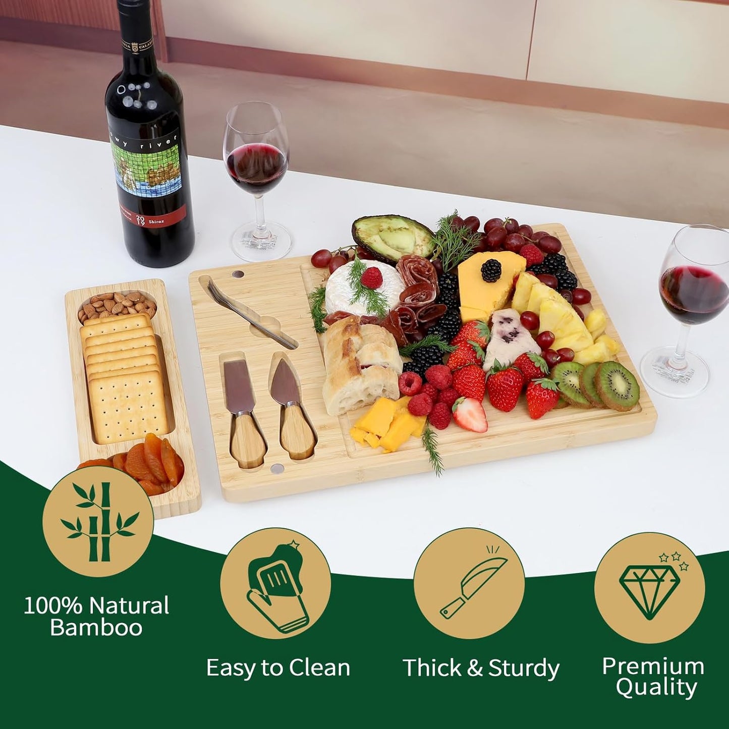 Premium Bamboo Charcuterie Board Set with Hidden Drawer & 4 Cheese Knives - 13x13 Large Cheese Board Serving Tray - Unique Housewarming Gifts for New Home, Wedding & Bridal Shower Gifts for Couples