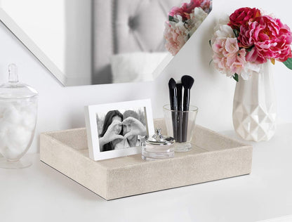 HofferRuffer Faux Leather Vanity Tray, Elegant Desktop Storage Organizer, Decorative Catchall for Perfume, Bathroom Valet, Nightstand or Dresser, 10.2 x 8.4 x 1.8 inches (Grey Stripe)