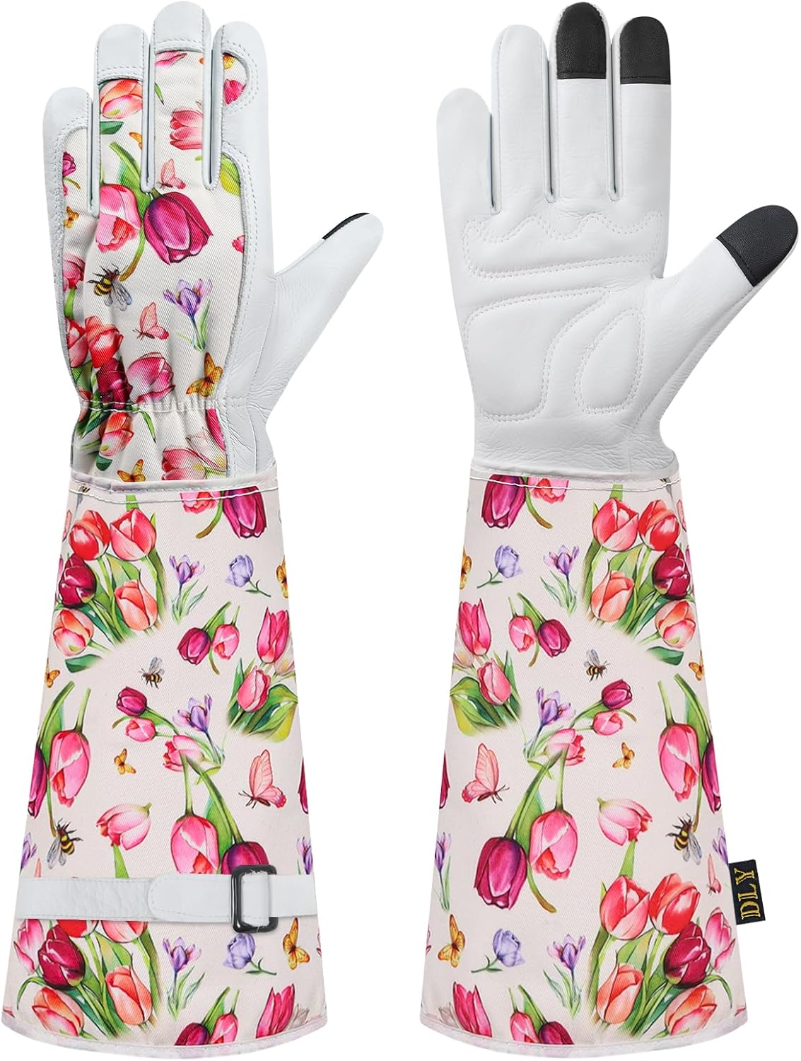 DLY Gardening Gloves for Women, Rose Gloves Gardening Thorn Proof, Long Garden Gloves for Women, Breathable Cowhide Leather Gauntlet (Medium, Blue)