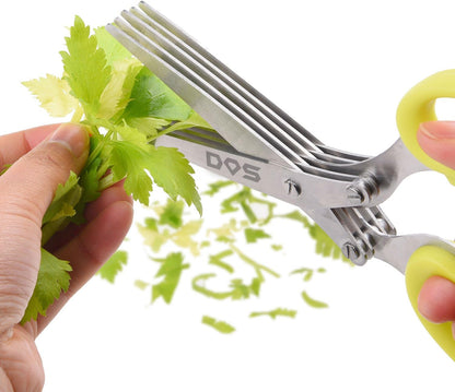 Herb Scissors - 5 Sharp Blades - Cuts, Slices and Chops Herbs 5x Faster - Ideal Time-Saving Kitchen Essential - Cleaning Rake Included - Stainless Steel - with Diamond Shield Cleaning Cloth