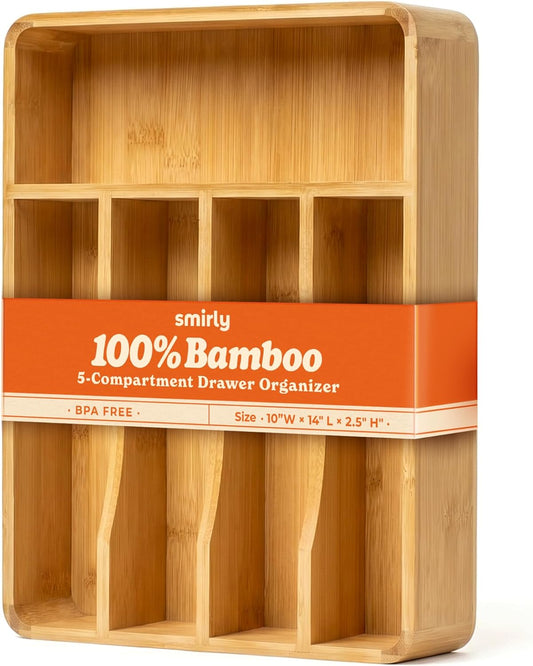 SMIRLY Silverware Drawer Organizer – Bamboo Kitchen Drawer Organizer, Adjustable Utensil Holder and Cutlery Tray, Drawer Dividers for Flatware and Kitchen Utensils | Adjustable