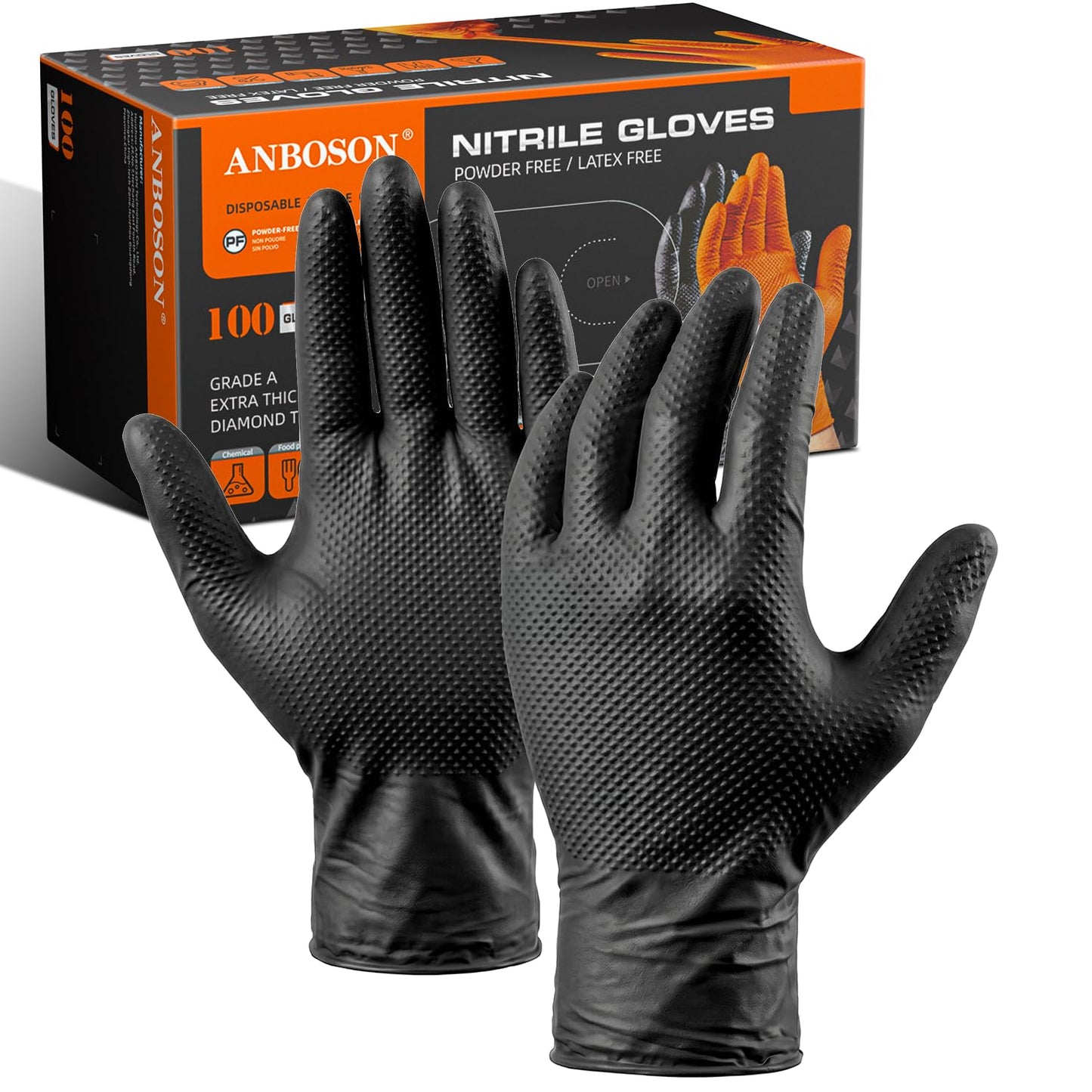 ANBOSON 10mil Heavy Duty Nitrile Gloves Large Black Disposable Rubber Gloves with Diamond Grip Anti Chemical Puncture Resistant Mechanics Guantes for Men/Auto repair/Cooking/Food Grade-Latex Free-100