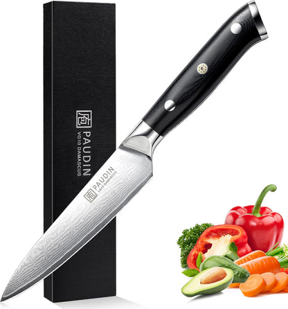 PAUDIN Utility Knife, 5 Inch Chef Knife, Ultra Sharp High Carbon Stainless Steel, Multipurpose Paring Knife for Fruit and Vegetable Cutting with Wooden Handle, Premium Gift Box