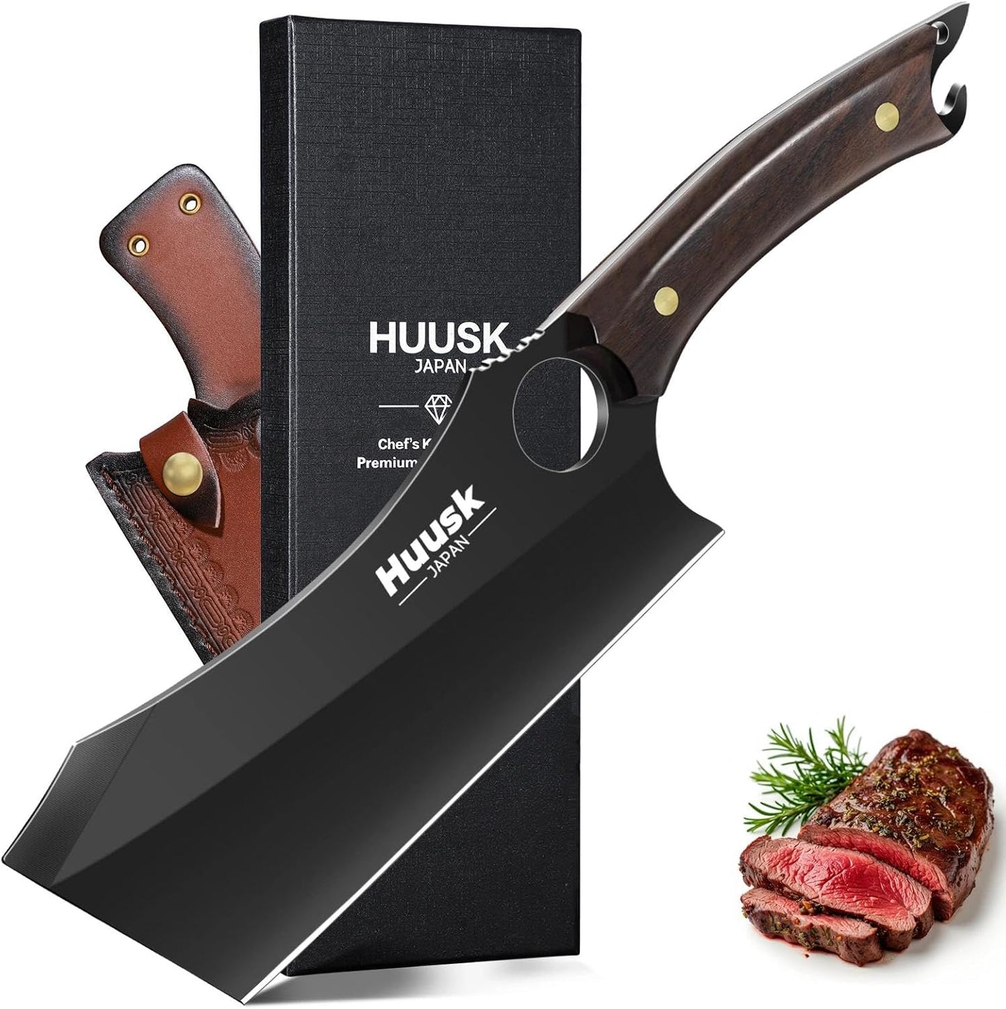 Huusk Japanese Chef Knife Set - Hand Forged Kitchen Knives for Meat Cutting - ATS-34 Carbon Steel Knives Set with Wooden Handle - Viking Cooking Knife Sets for BBQ Christmas Gift for Men and Women