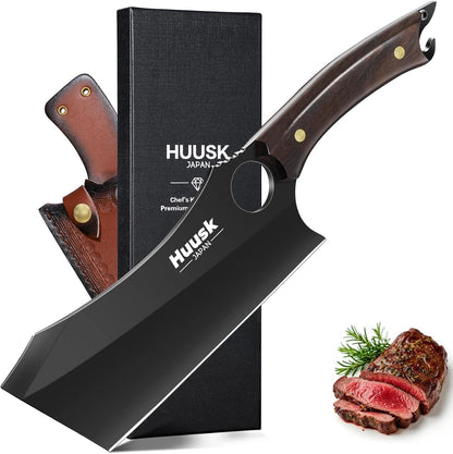 Huusk Japanese Chef Knife Set - Hand Forged Kitchen Knives for Meat Cutting - ATS-34 Carbon Steel Knives Set with Wooden Handle - Viking Cooking Knife Sets for BBQ Christmas Gift for Men and Women