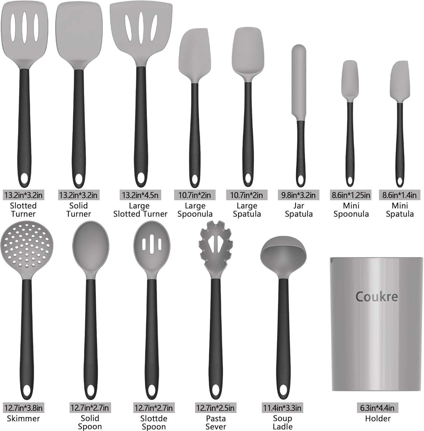 Coukre Silicone Kitchen Cooking Utensils Set with Holder – Heat-Resistant, Food-Grade Kitchen Tools, Spatula, Spoon & Gadgets for Non-Stick Pans, Dishwasher Safe (14, PureBlack)