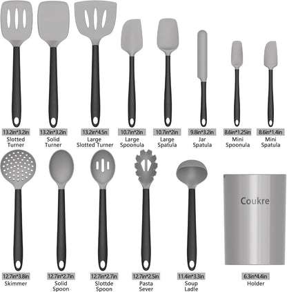Coukre Silicone Kitchen Cooking Utensils Set with Holder – Heat-Resistant, Food-Grade Kitchen Tools, Spatula, Spoon & Gadgets for Non-Stick Pans, Dishwasher Safe (14, PureBlack)
