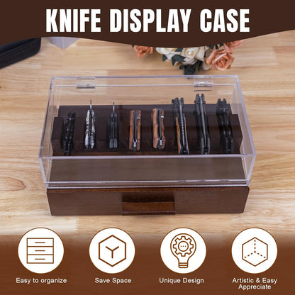 Knife Display Case,Pocket Knife Collection Display Holder,Premium 2-Layer Wooden Case with Acrylic Window Top & Drawer,Handcrafted Storage Box Perfect for Collection
