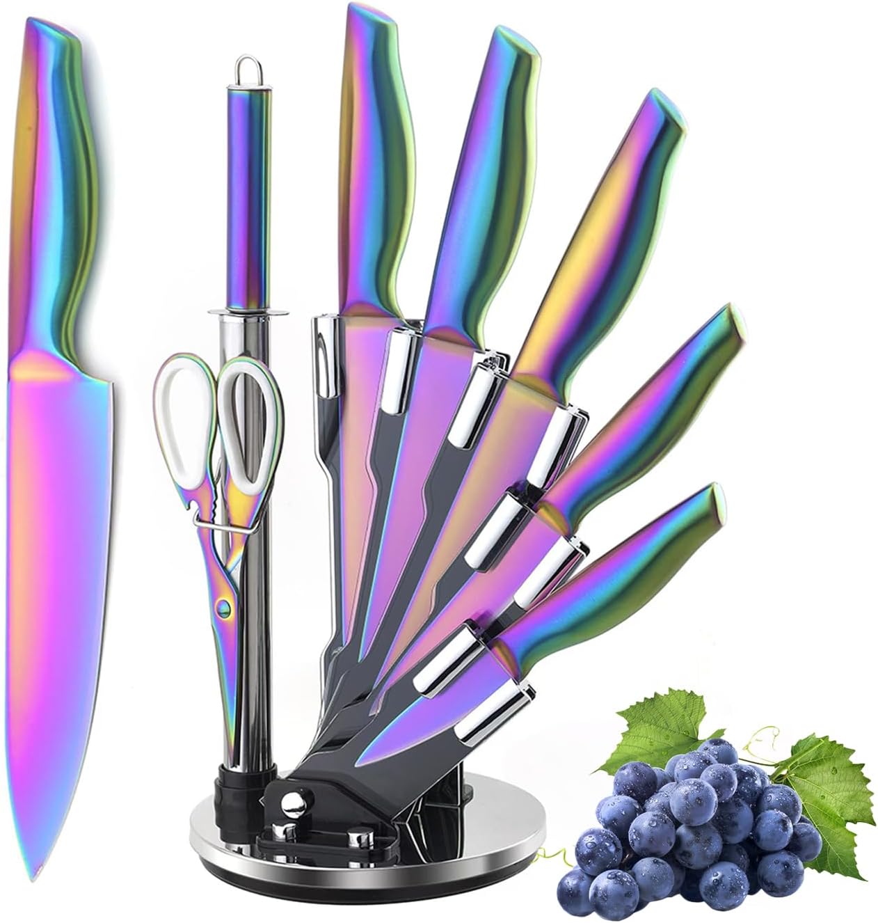 Luxury Gold Knife Set With Rotation Block, 8 Pieces Titanium-Coated Dishwasher Safe Stainless Steel Gold Chef Knife Set,with Sharpener&Scissors,Gift for Home Housewarming