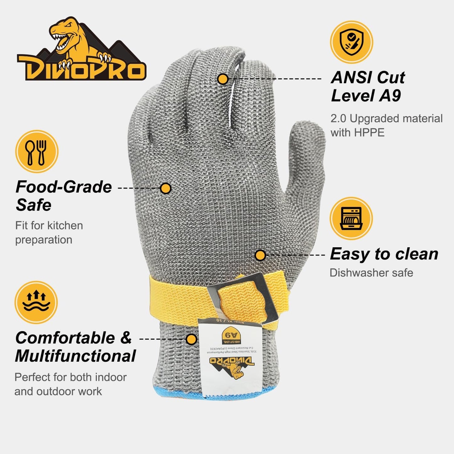 dinopro Upgraded 2.0 ANSI A9 Cut Resistant Glove Food Grade Cutting,Stainless Steel Mesh Metal Glove Mandoline Knife Protection for Slicing,Kitchen Cooking,Oyster Shucking and Fish Scale Remover