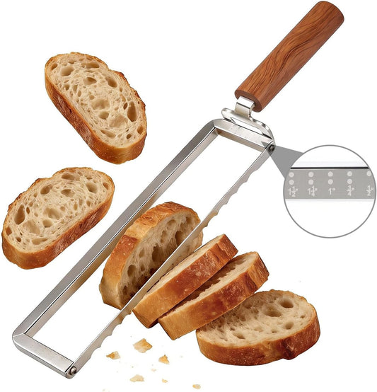 Sourdough Bread Slicer for Homemade Bread, Stainless Steel Serrated Bread Knife with Wooden Handle and 6 Precise Scale Markings, Manual Bread Slicer Cutter, Bread Bow Knife