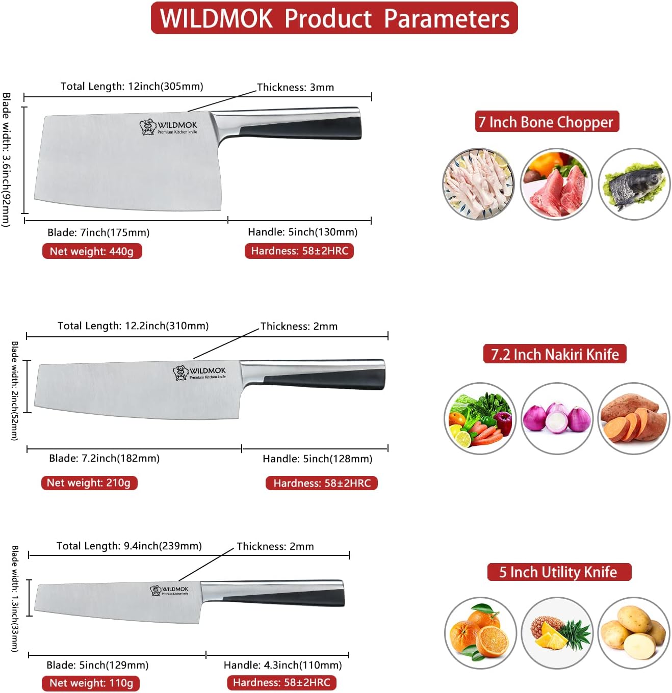 WILDMOK 3pcs Knife Set Stainless Steel Kitchen Knives Set 7inch Bone Chopper 7inch Nakiri Knife and 5inch Utility Cutter with Stainless Steel & ABS Handle, Perfect Cutlery Set Gift