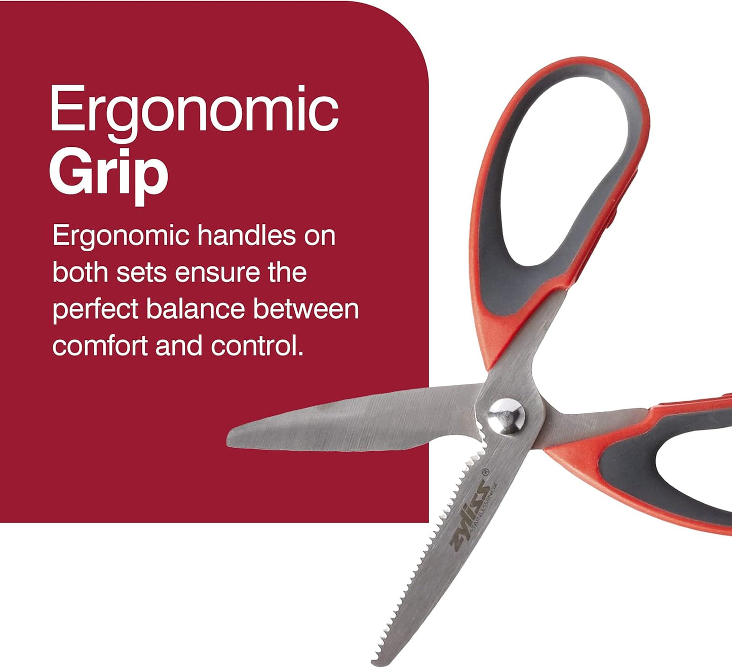 Zyliss 2-Piece Stainless Steel Kitchen Scissor & Shear Set – 7" Red & 9" Black – Micro-Serrated Blades, Soft-Touch Grip, Heavy-Duty Hinge & Box Cutter – Food Prep & Household Use Durable & Versatile