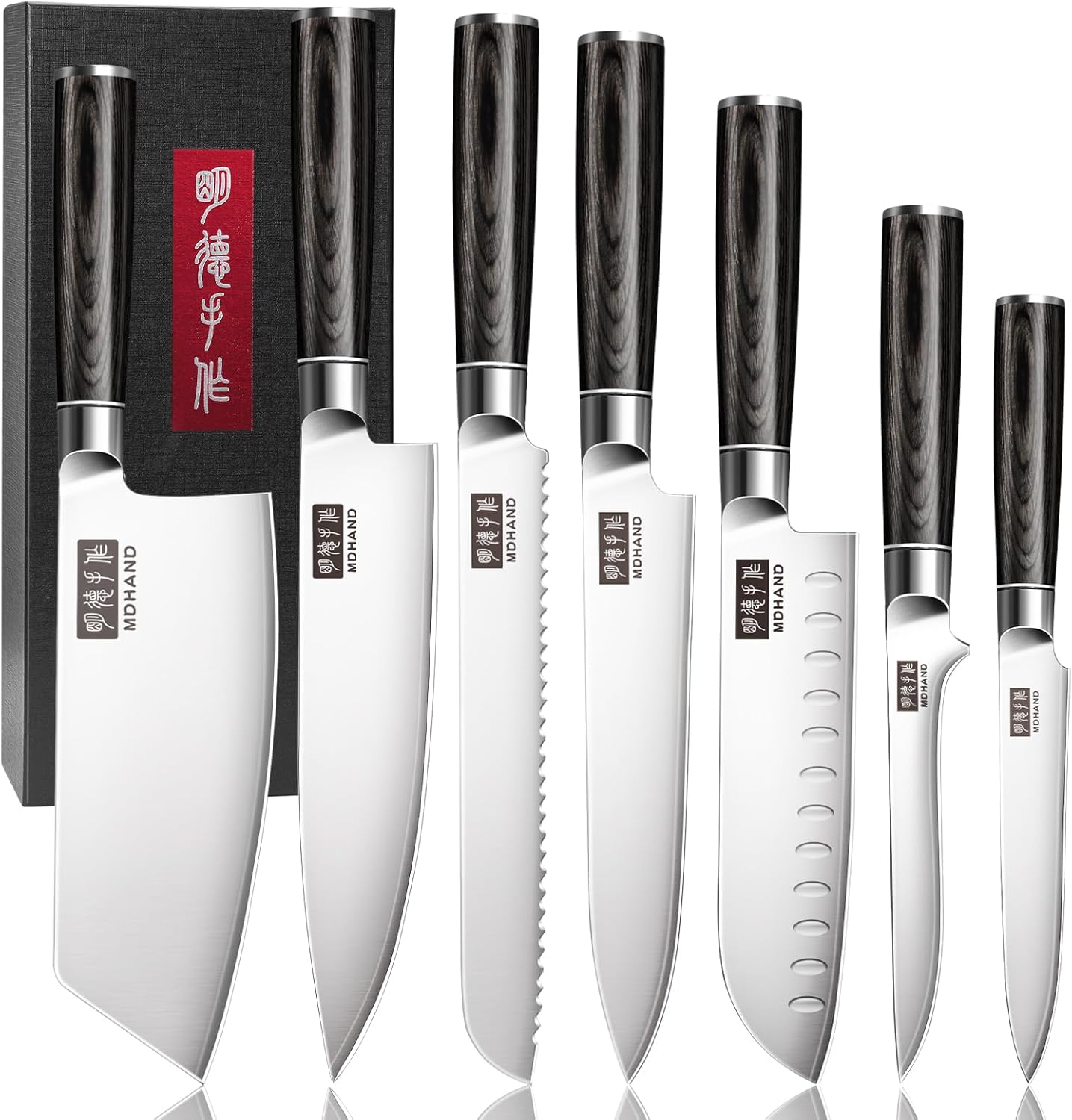 MDHAND Kitchen Knife Set, 9PCS Professional Japanese Knife Set, High Carbon Stainless Steel Chef Knife Set with Black Pakkawood Handle, Professional Ultra Sharp Kitchen Knives for Cooking, Elegant Box