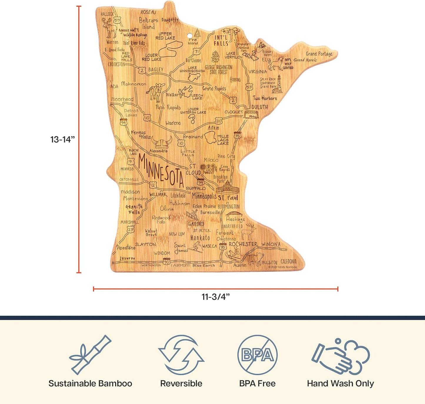 Totally Bamboo Destination Minnesota Shaped Cutting Board – Bamboo Charcuterie and Serving Board with Hang Tie for Wall Display