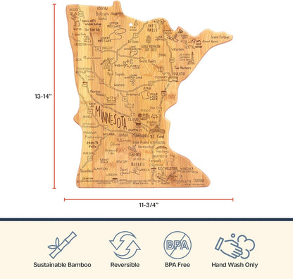 Totally Bamboo Destination Minnesota Shaped Cutting Board – Bamboo Charcuterie and Serving Board with Hang Tie for Wall Display