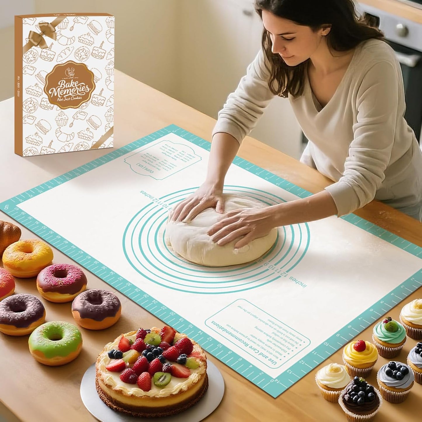 Extra Thick Silicone Baking Mat with Recipes - 26x16 inch Non Stick Pastry Mat with Measurements for Sourdough, Macarons, Bread, Pizza, Dough Rolling, Kneading, Heat Resistant to 480°F Gift for Baker