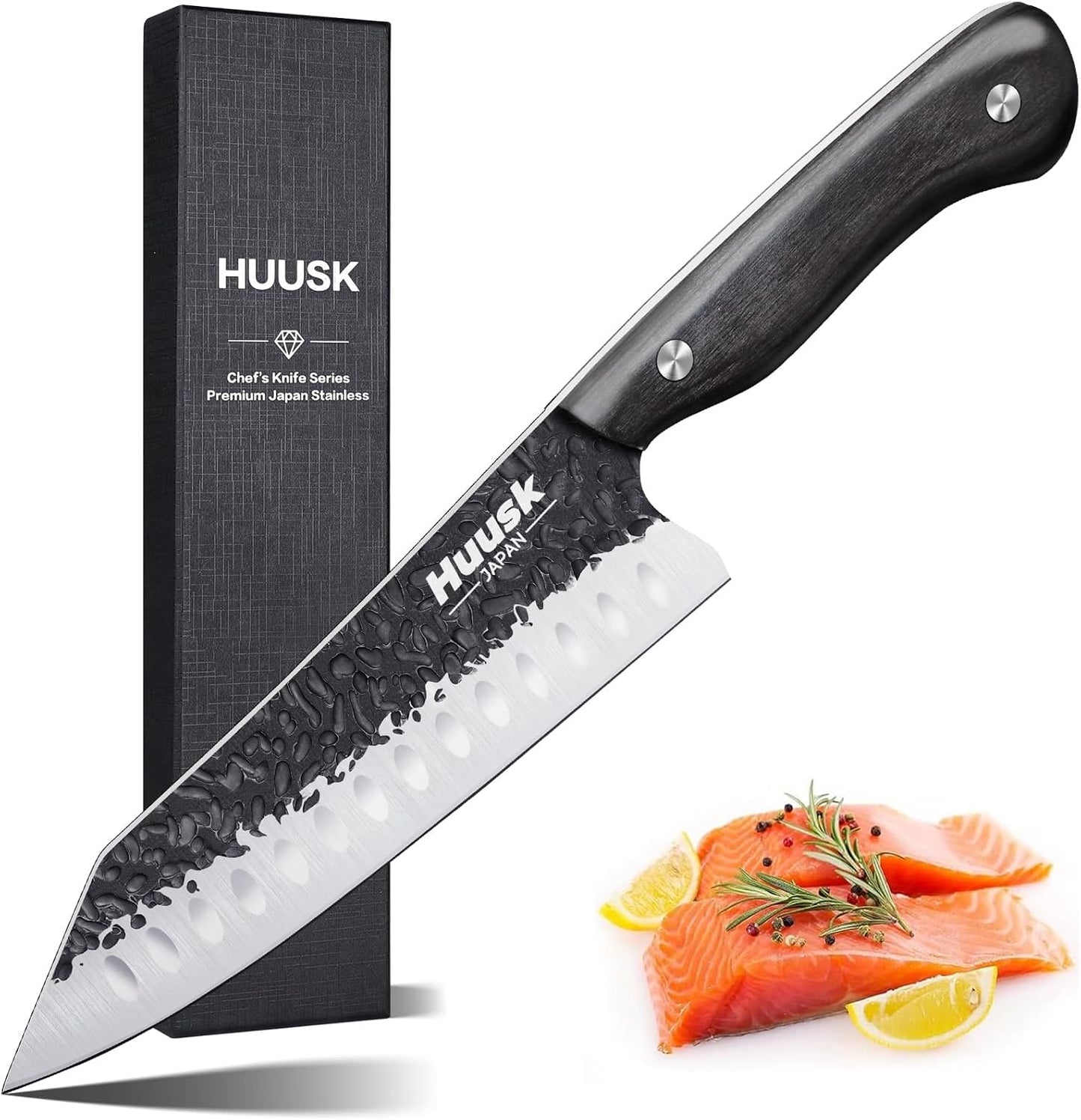 Huusk Japanese Chef Knife Set - Hand Forged Kitchen Knives for Meat Cutting - ATS-34 Carbon Steel Knives Set with Wooden Handle - Viking Cooking Knife Sets for BBQ Christmas Gift for Men and Women