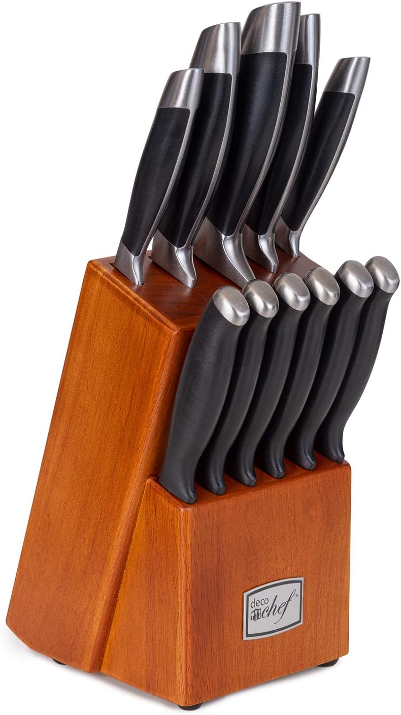 Deco Chef 16 Piece Kitchen Knife Set Stainless Steel with Wood Handles, 8" Chef, 6.5" Cleaver, 8" Bread, 8" Slicing, 4.5" Paring, 6pcs Steak Knives, Kitchen Shears, and more