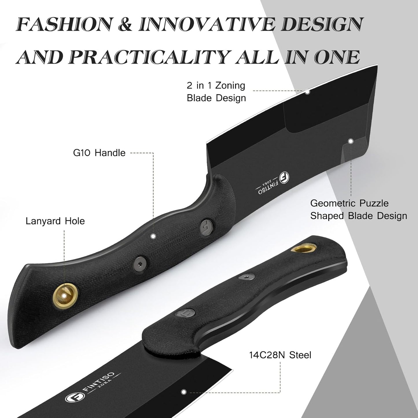 5.5 Inch Butcher Knife, 2-in-1 Chef & Meat Cleaver Knife with Sheath, Multipurpose Full Tang G10 Handle Kitchen Knives for Bone Chopping, 14C28N High Carbon Stainless Steel for Home and Outdoor