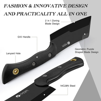 5.5 Inch Butcher Knife, 2-in-1 Chef & Meat Cleaver Knife with Sheath, Multipurpose Full Tang G10 Handle Kitchen Knives for Bone Chopping, 14C28N High Carbon Stainless Steel for Home and Outdoor