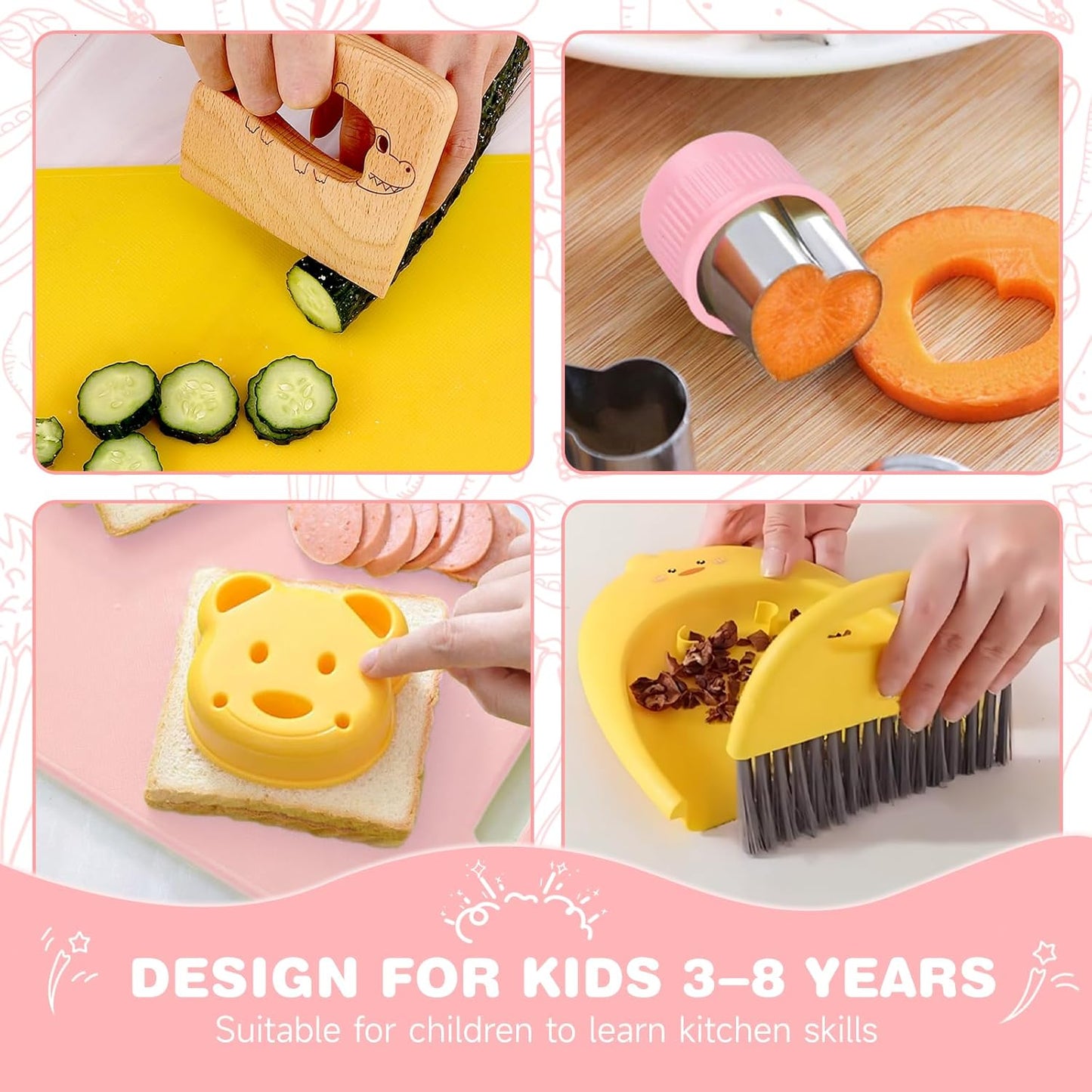 Suhctuptx Toddler Knife Set, Kids Knife Set for Real Cooking, Kid Safe Knives with Cutting Board Crinkle Cutters Montessori Kitchen Toys, Toddler Girl Gifts Age 3 4 5 6 7 8 Year Old
