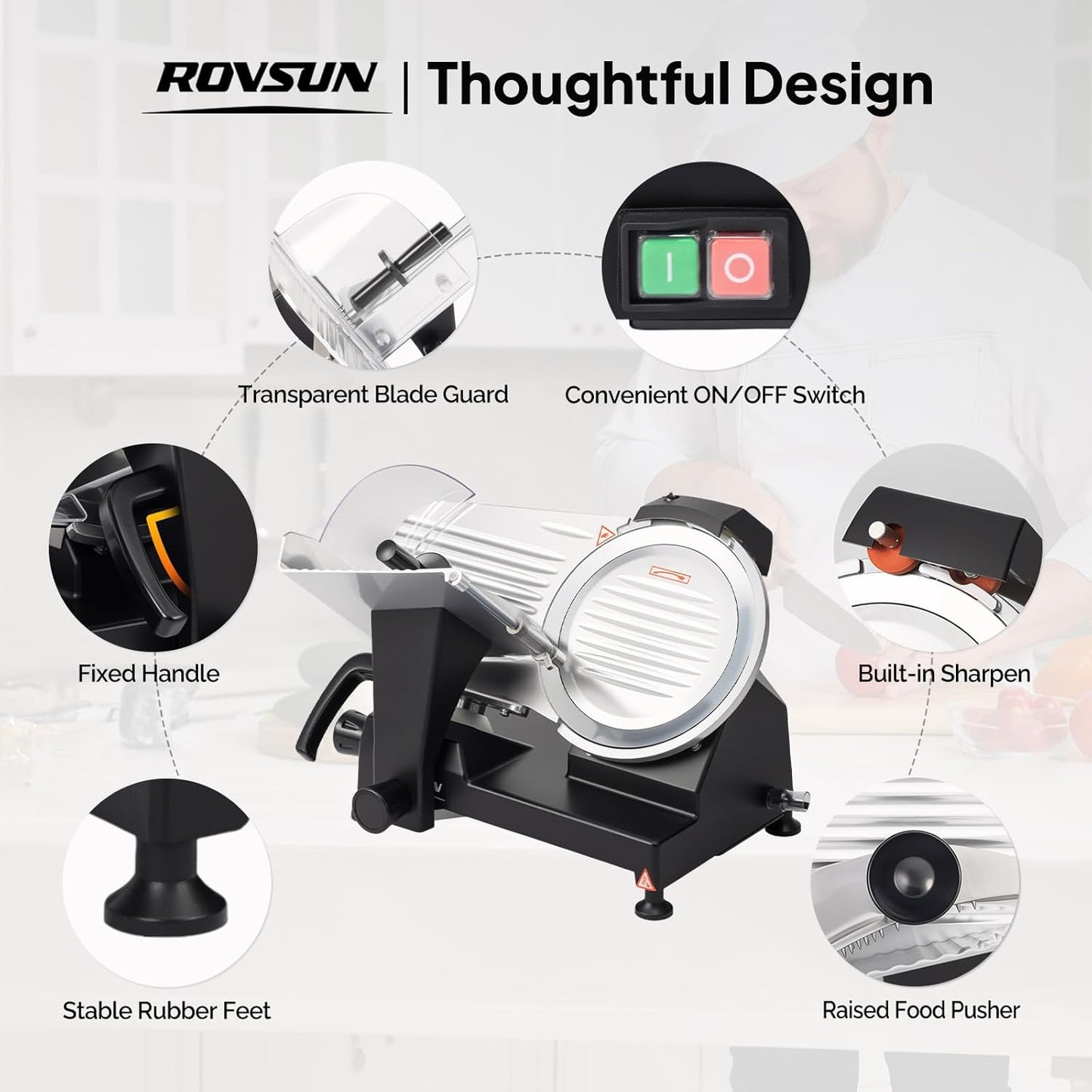 ROVSUN 8.7inch Commercial Meat Slicer, 300W Electric Deli Food Slicer with Premium Chromium-plated Steel Blade, 0-12 mm Adjustable Thickness, ETL Certified for Frozen Meat Ham Baguett Steak, Black