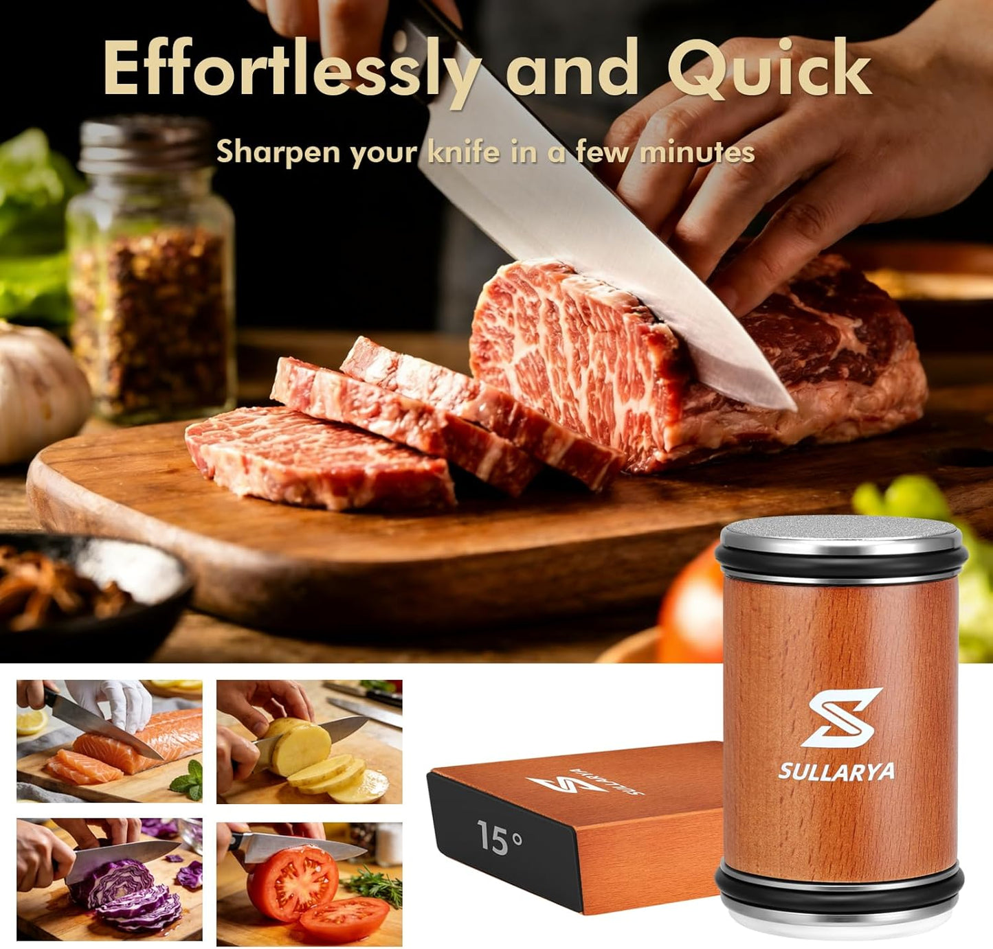 Knife Sharpener, Rolling Knife Sharpener, Knife Sharpening kit with Diamonds and Ceramic for Steel of Any Hardness, Kitchen Knife Sharpener with 15 & 20 Degree Magnetic Angle