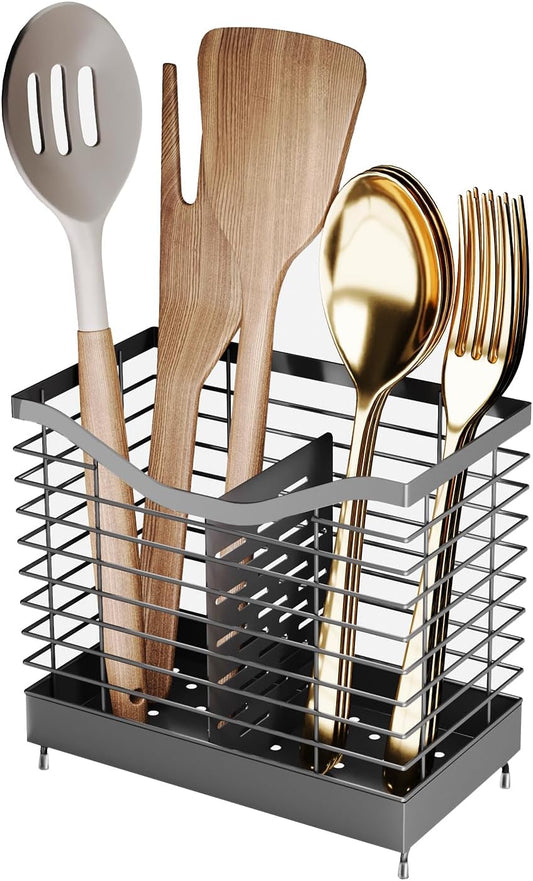 Extra Large Kitchen Utensil Holder Exquisite And Durable Kitchen Utensil Organizer，Knife Fork Spatula Utensils Drainage Rack Basket Accessories With Hooks, Rust Proof，Non-Slip Feet（4compartments）