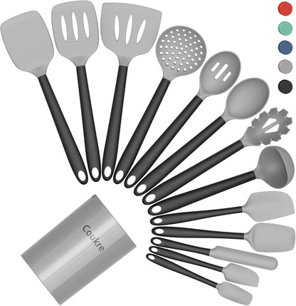 Coukre Silicone Kitchen Cooking Utensils Set with Holder – Heat-Resistant, Food-Grade Kitchen Tools, Spatula, Spoon & Gadgets for Non-Stick Pans, Dishwasher Safe (14, PureBlack)