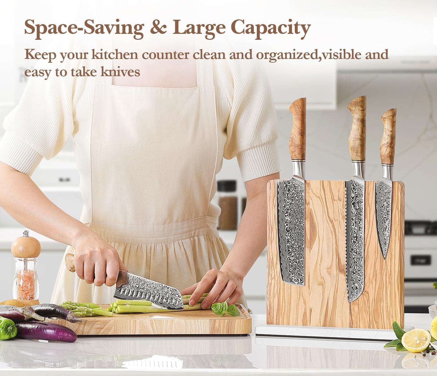 Strong Double Sided Magnetic Knife Block Without Knives, with Acacia Wood+430 Stainless Steel Base，Magnetic Universal Stands with Strong Enhanced Magnets Strip Kitchen Storage Cutlery Large Organizer