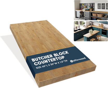 36''L x 25''W x 1.5''Th Hevea Solid Wood Butcher Block Countertop, Butcher Block Table Top for DIY Washer Dryer/Island/Kitchen Countertop (Unfinished)